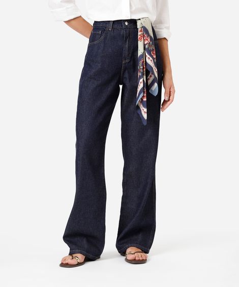 calça wide leg slim feminina jeans cintura alta com lenço azul