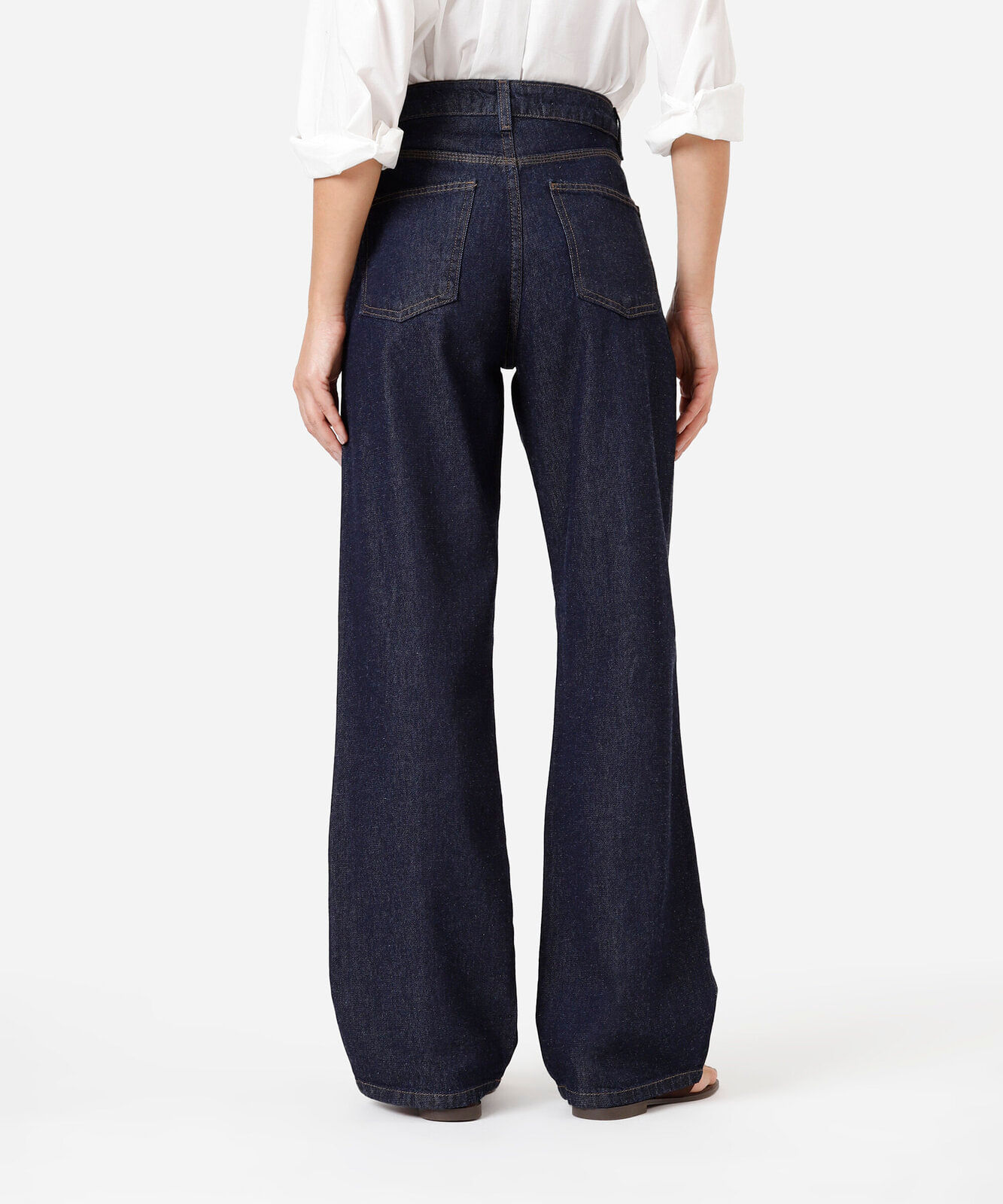 calça wide leg slim feminina jeans cintura alta com lenço azul