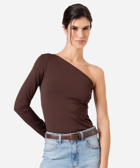 blusa ombro único feminina manga longa marrom