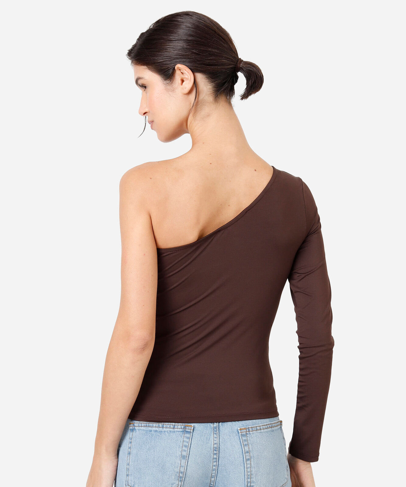blusa ombro único feminina manga longa marrom