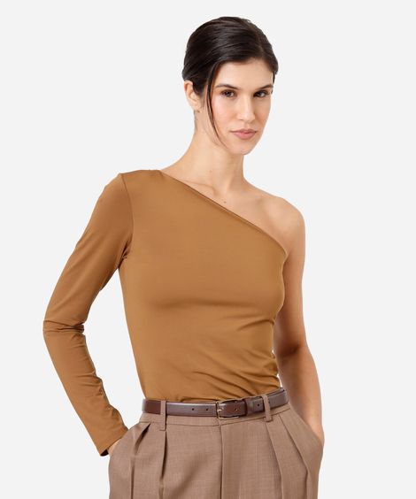 blusa ombro único feminina manga longa marrom
