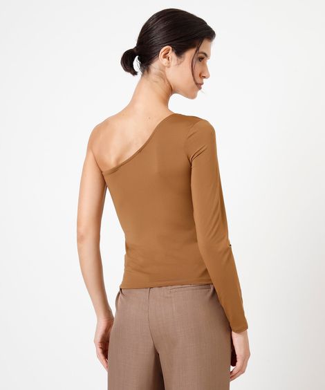 blusa ombro único feminina manga longa marrom