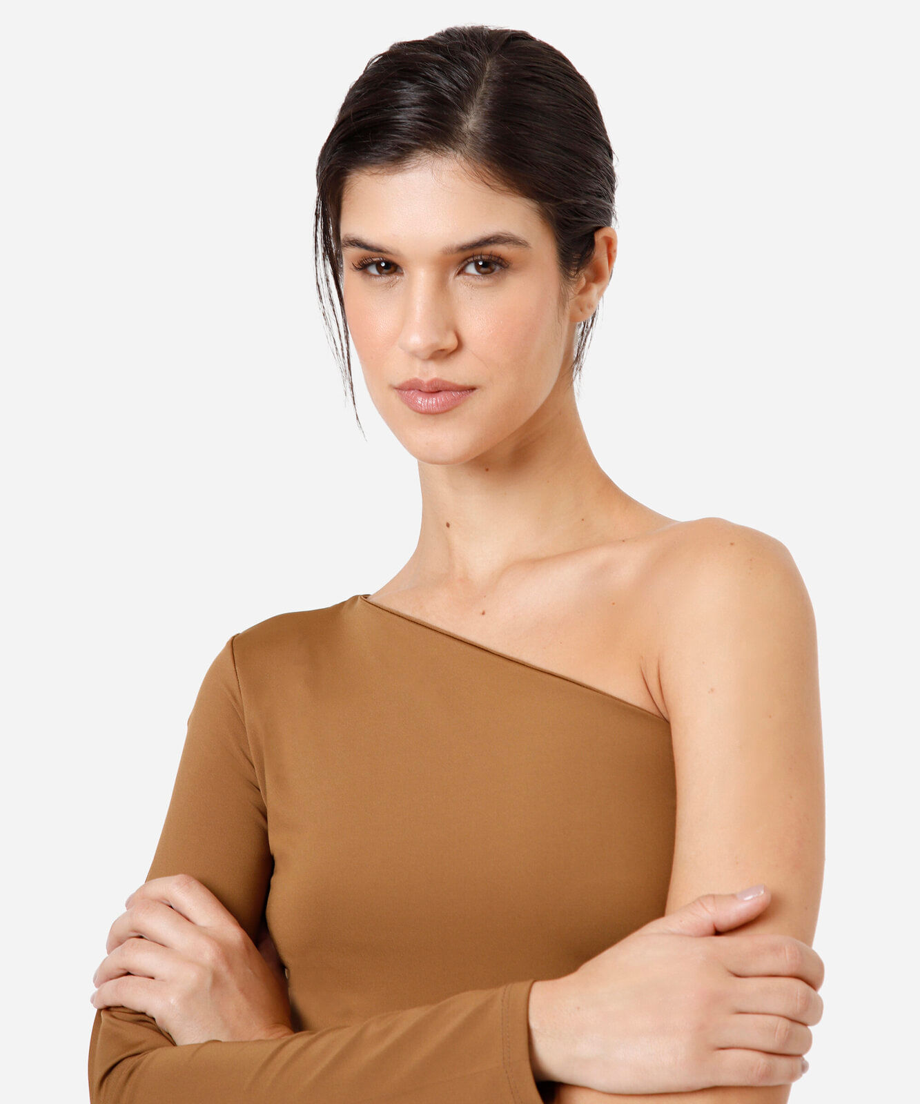 blusa ombro único feminina manga longa marrom