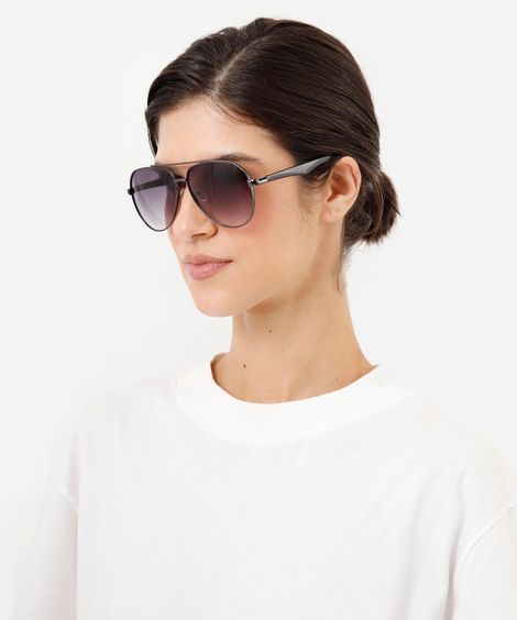 óculos de sol unissex aviador de metal cinza