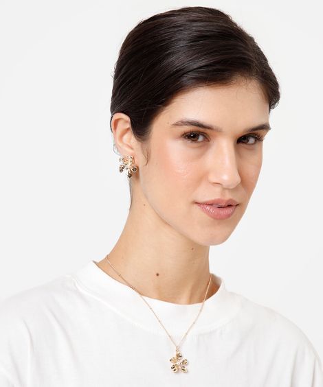 kit de colar e brinco floral dourado