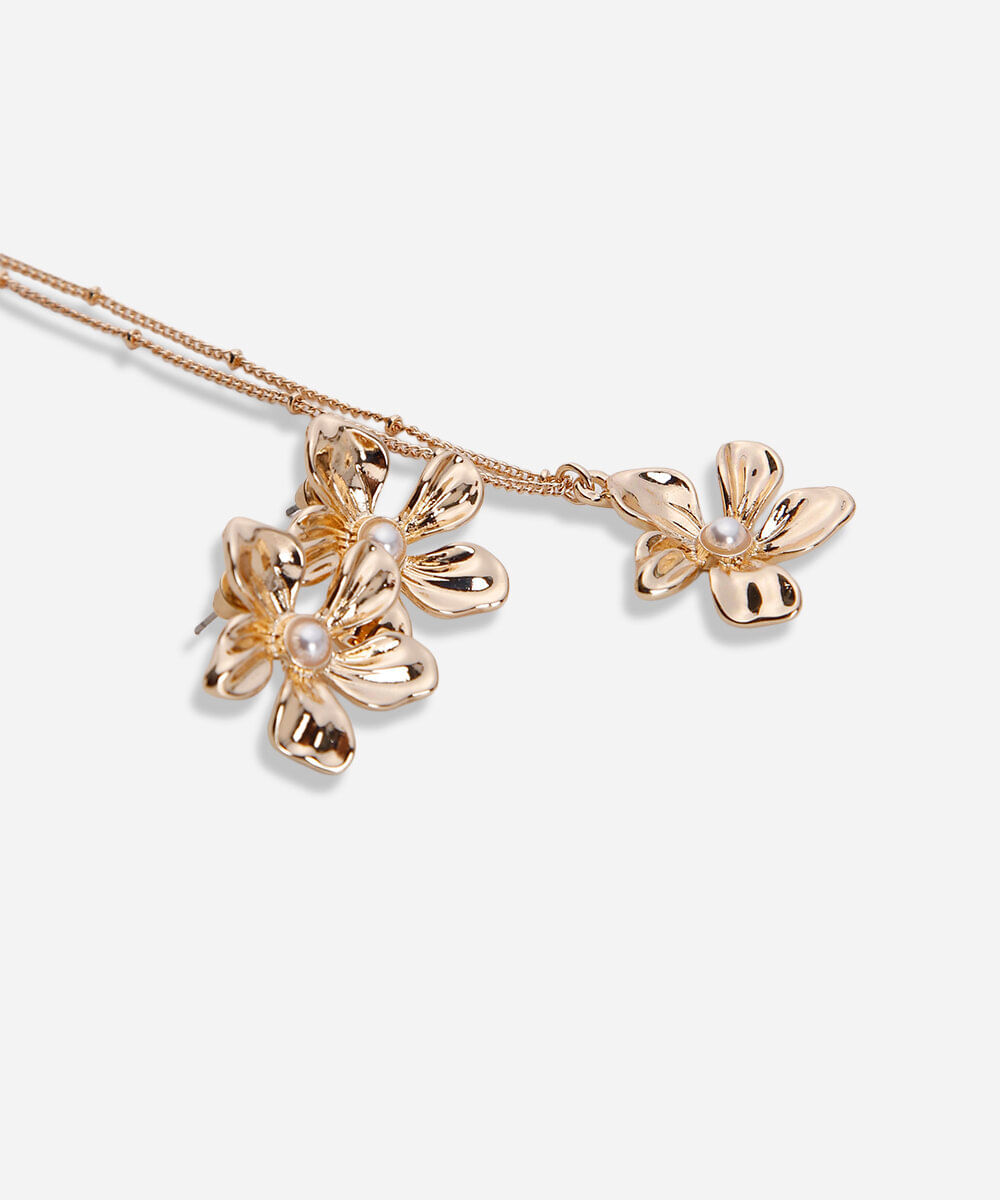 kit de colar e brinco floral dourado