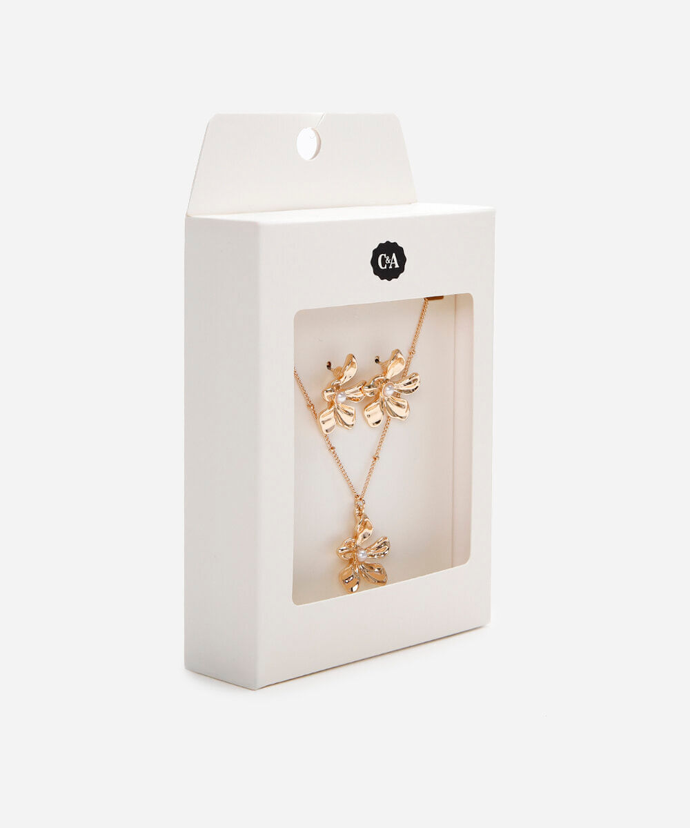 kit de colar e brinco floral dourado