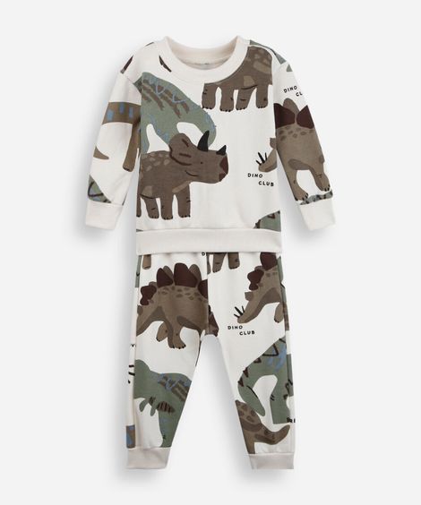 conjunto longo infantil de moletom dino off white