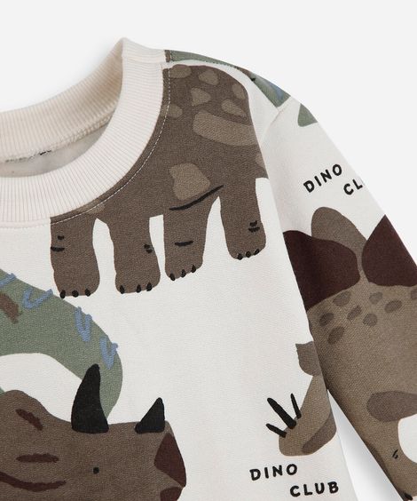 conjunto longo infantil de moletom dino off white