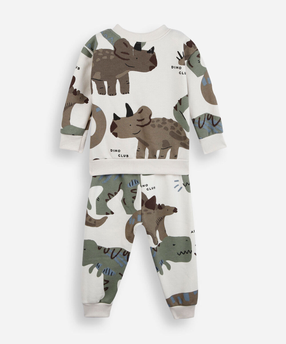 conjunto longo infantil de moletom dino off white