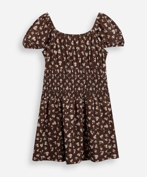 vestido juvenil franzido floral marrom