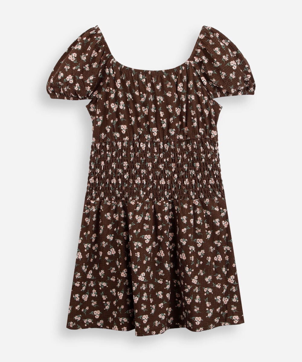 vestido juvenil franzido floral marrom