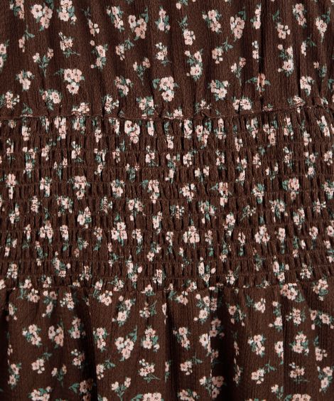 vestido juvenil franzido floral marrom