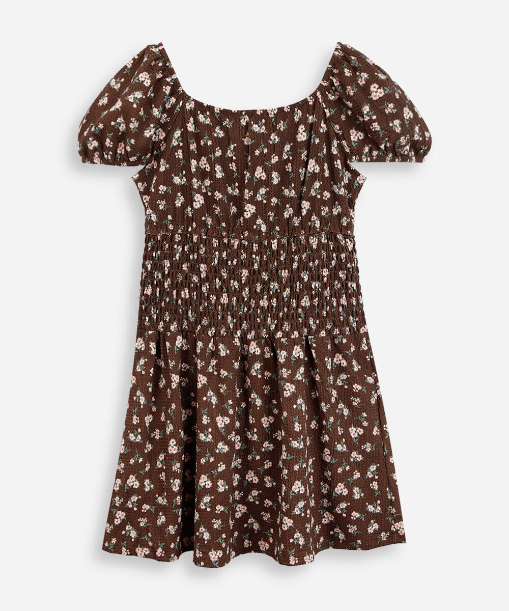 vestido juvenil franzido floral marrom