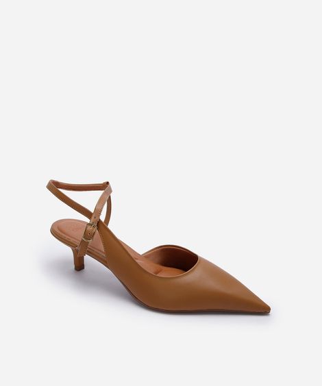 scarpin slingback bico fino salto baixo marrom