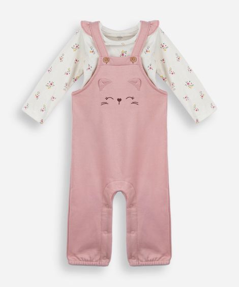 jardineira infantil com bordado e blusa rosa