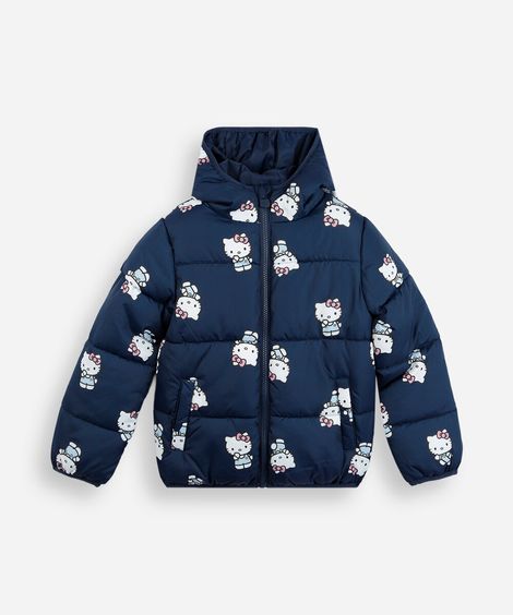 jaqueta puffer infantil com capuz hello kitty azul