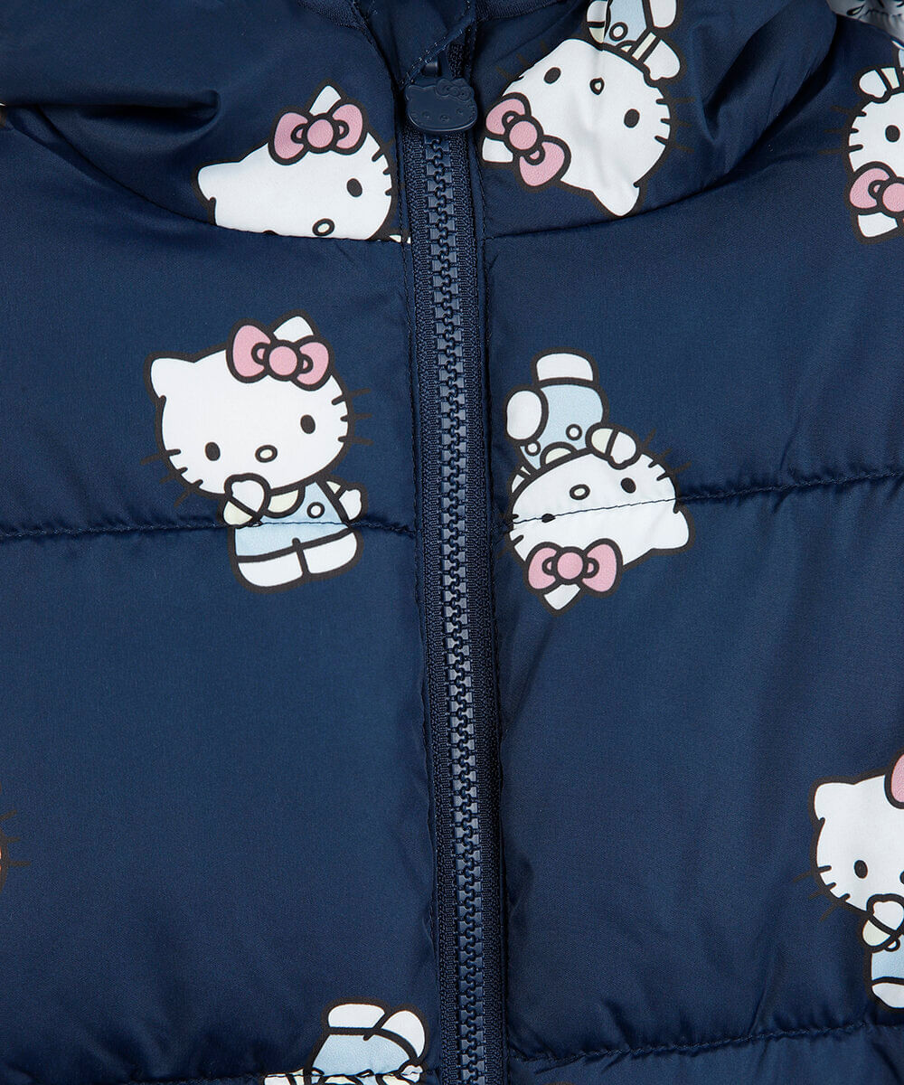 jaqueta puffer infantil com capuz hello kitty azul