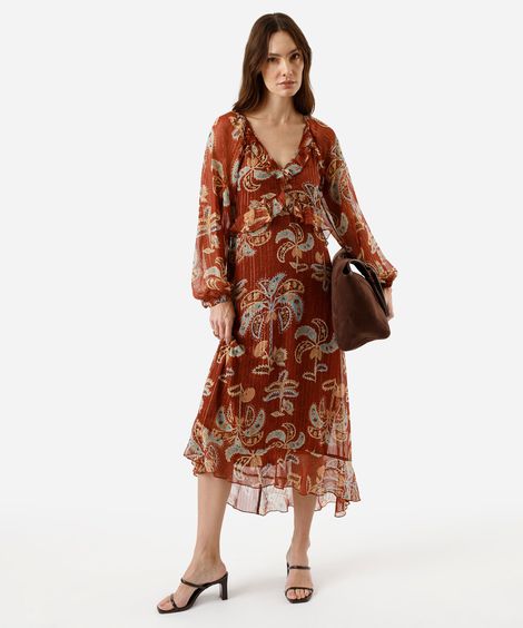 vestido midi feminino de chiffon com lurex e babados folhagens marrom