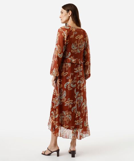 vestido midi feminino de chiffon com lurex e babados folhagens marrom