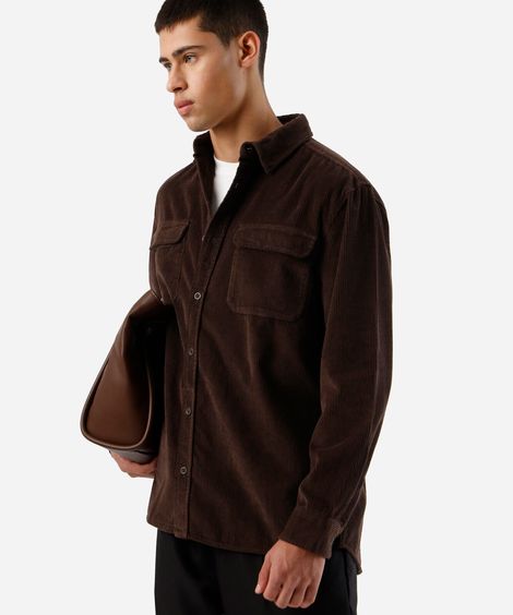 camisa masculina de veludo cotelê manga longa marrom