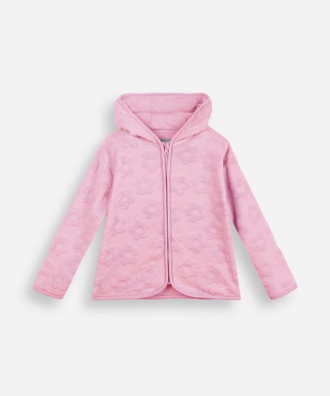 jaqueta infantil de fleece com capuz texturizada floral rosa