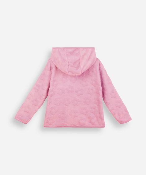 jaqueta infantil de fleece com capuz texturizada floral rosa