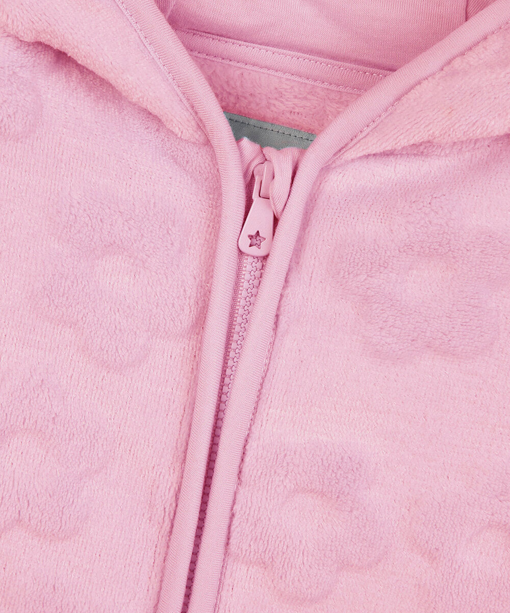 jaqueta infantil de fleece com capuz texturizada floral rosa