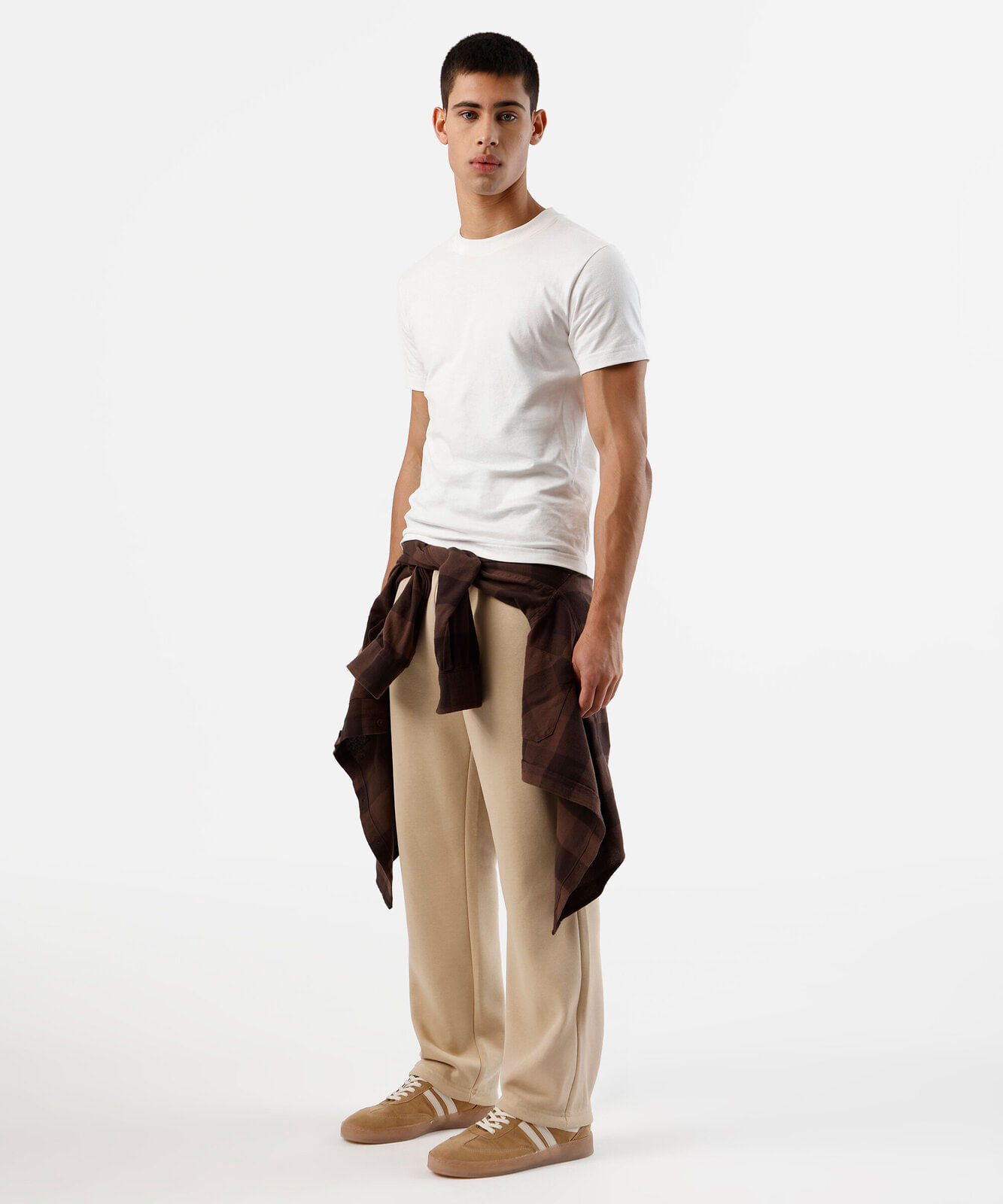 calça reta masculina de moletom cós elástico bege