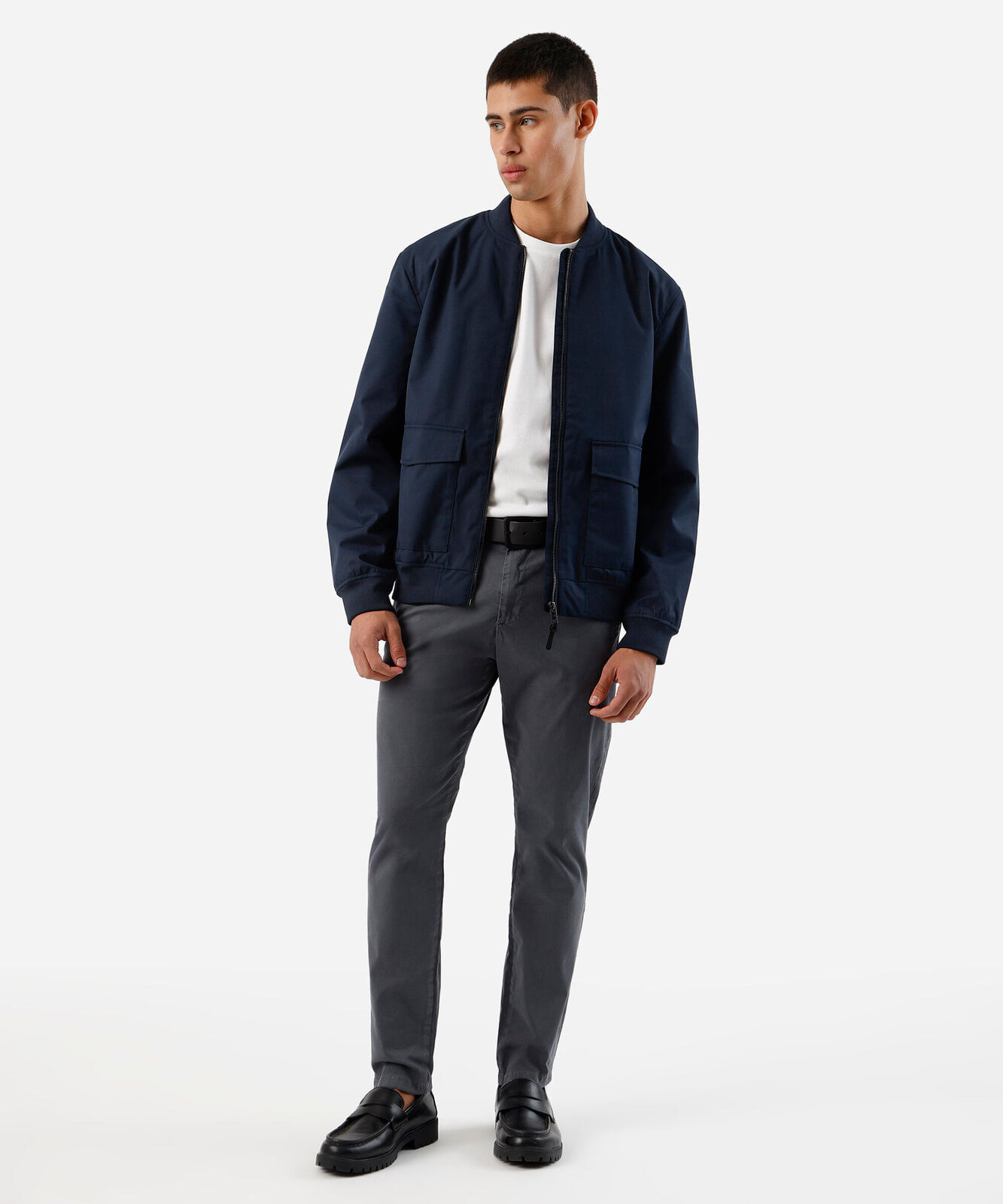 calça slim masculina de sarja cinza