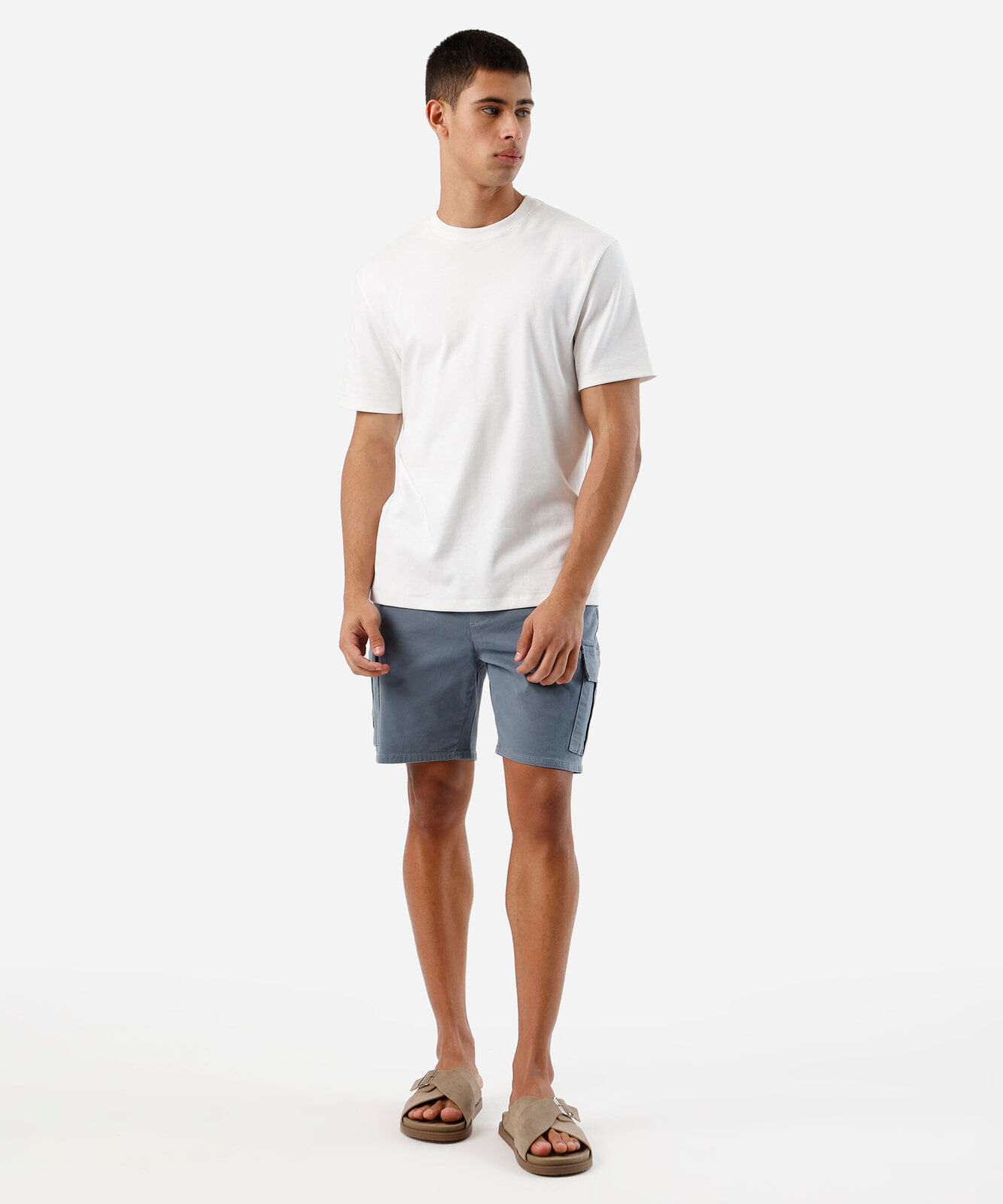 bermuda cargo masculina de sarja cós elástico azul