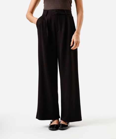 calça wide leg de alfaiataria feminina com pregas preta