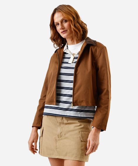 jaqueta cropped feminina com gola cotelê marrom