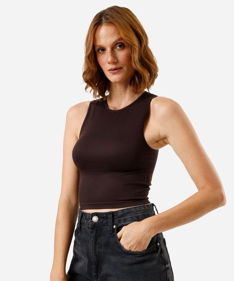 regata cropped feminina de poliamida canelada marrom