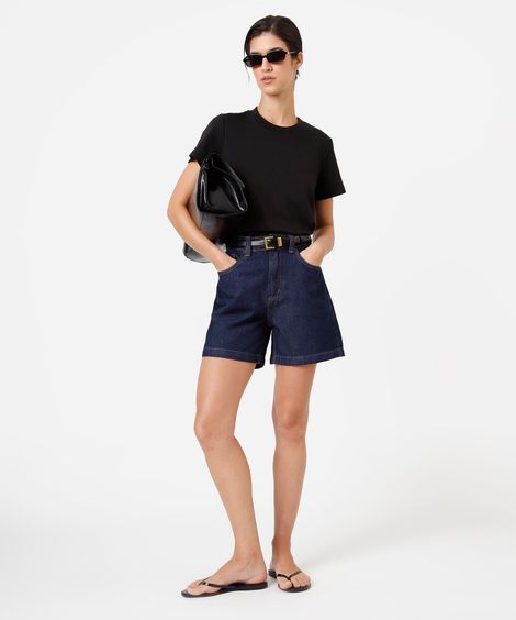 short feminino jeans cintura alta azul