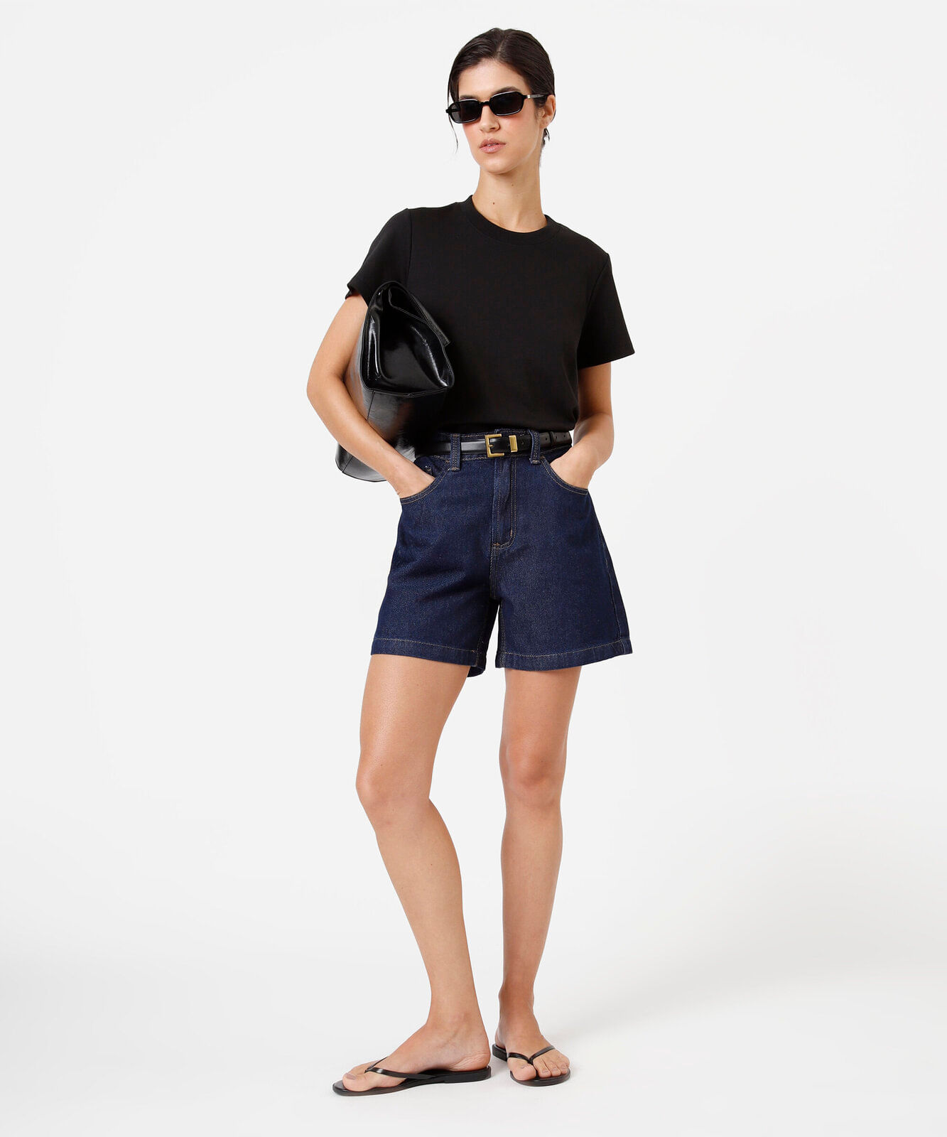 short feminino jeans cintura alta azul