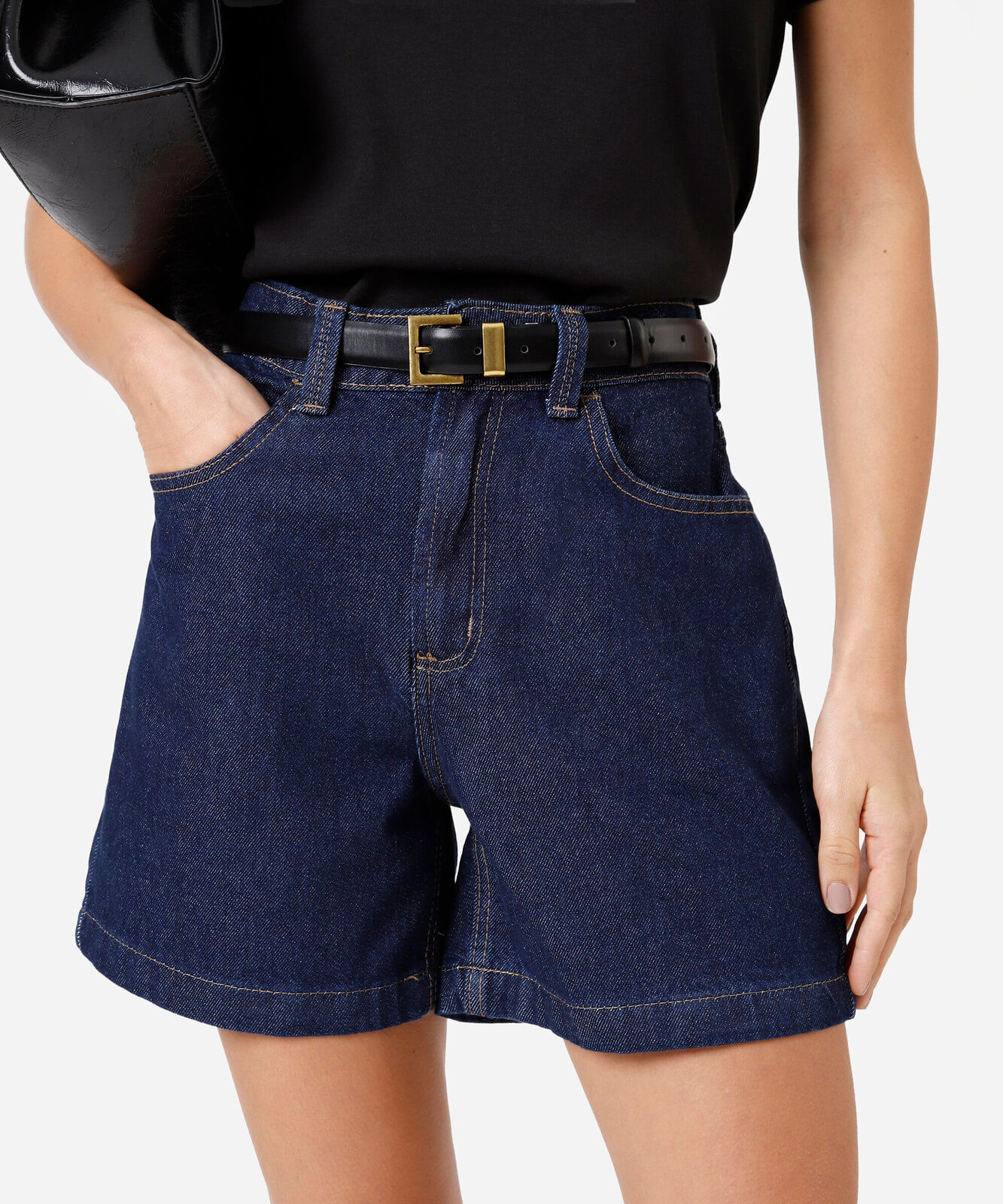 short feminino jeans cintura alta azul
