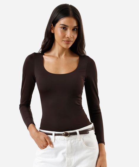 blusa feminina de poliamida decote redondo manga longa marrom