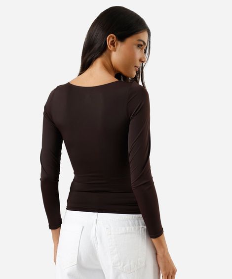 blusa feminina de poliamida decote redondo manga longa marrom