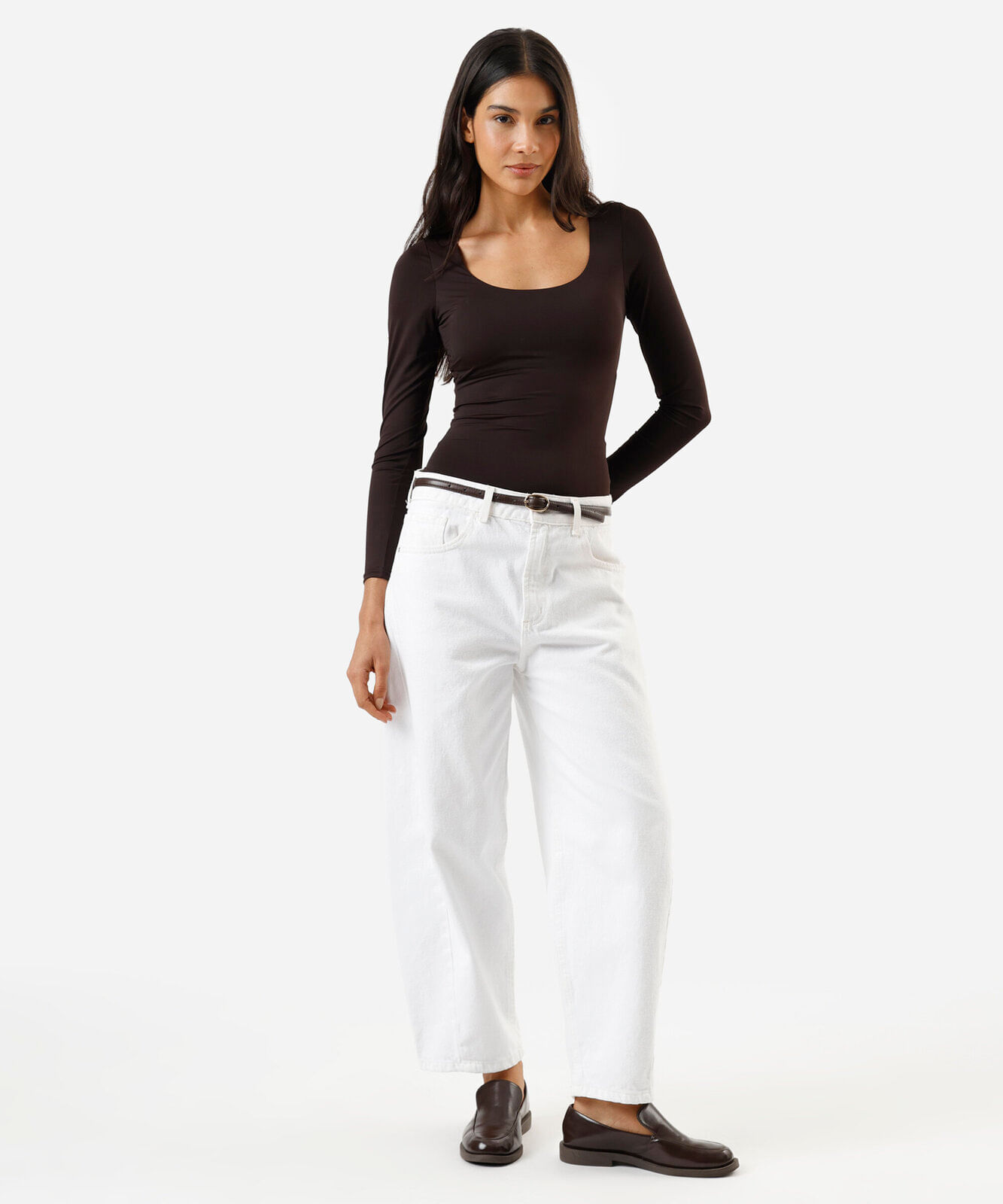 blusa feminina de poliamida decote redondo manga longa marrom