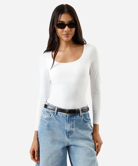 blusa feminina de poliamida decote redondo manga longa off white