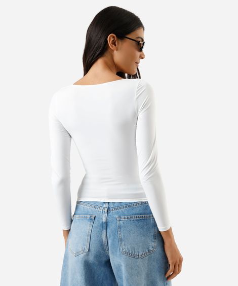 blusa feminina de poliamida decote redondo manga longa off white