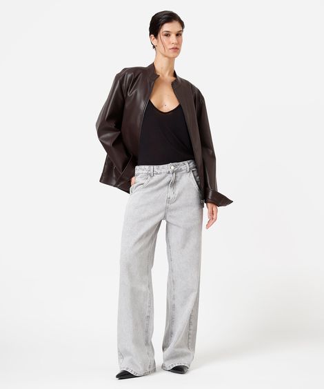 calça oversized feminina jeans cintura alta cinza