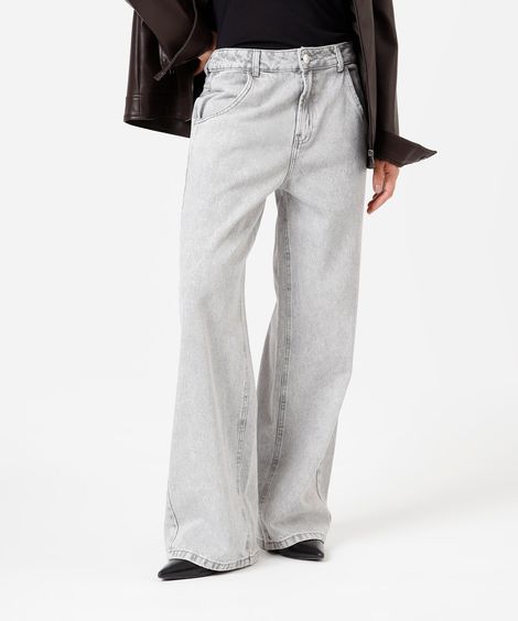 calça oversized feminina jeans cintura alta cinza