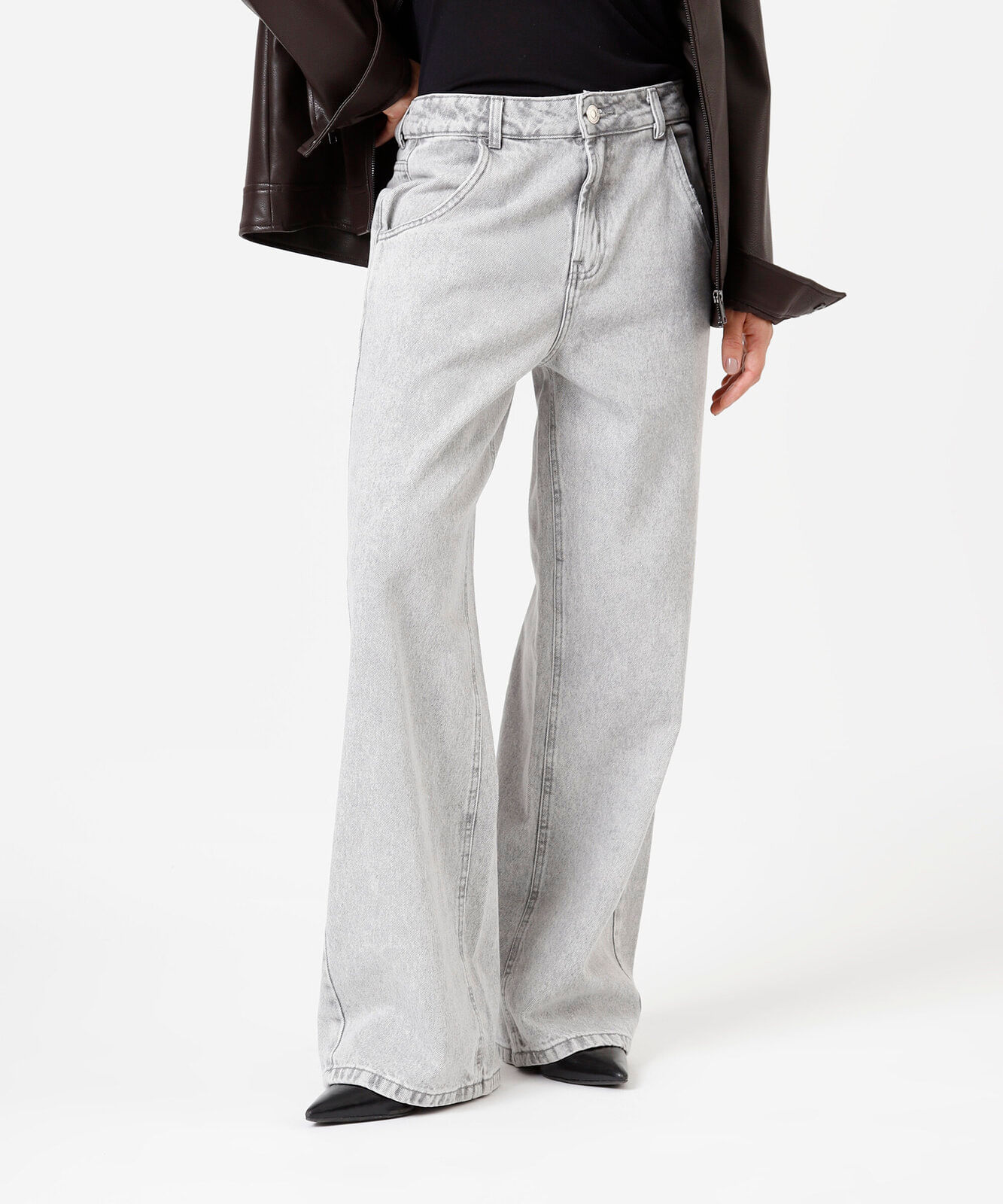 calça oversized feminina jeans cintura alta cinza