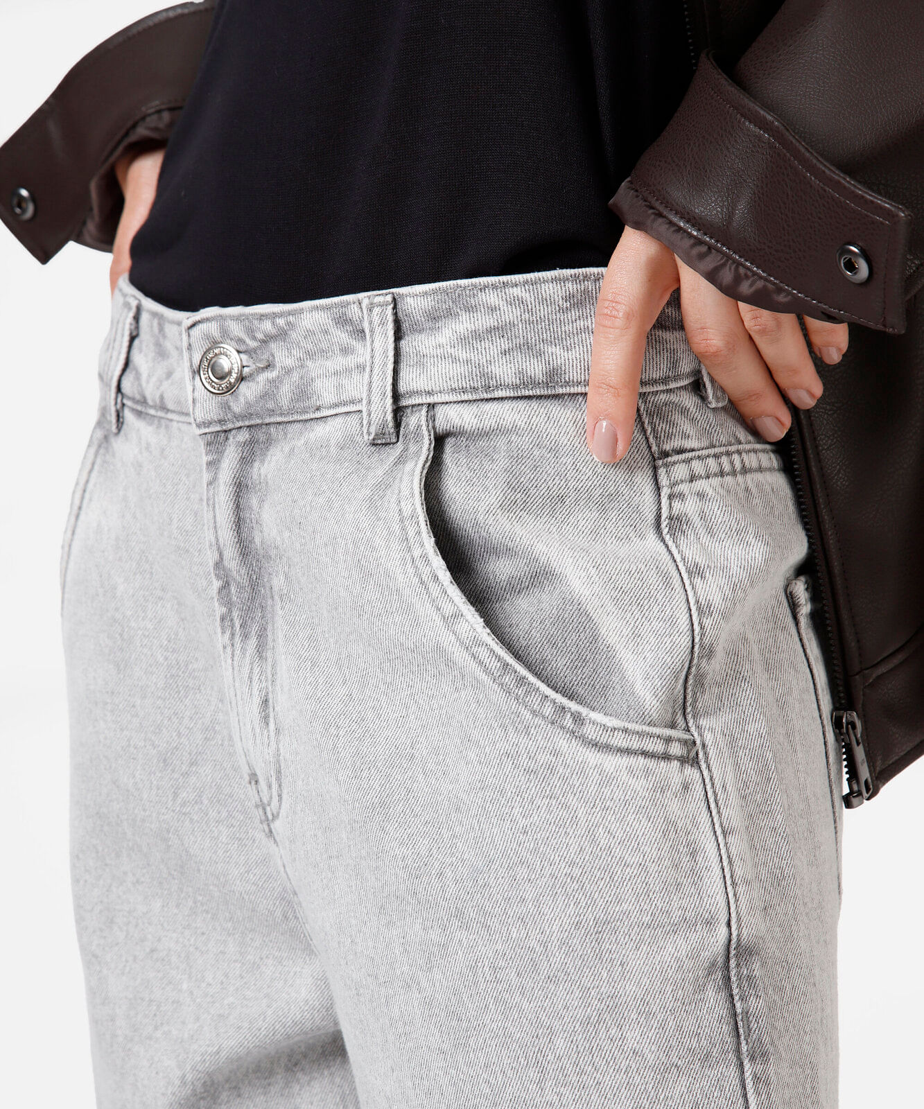 calça oversized feminina jeans cintura alta cinza