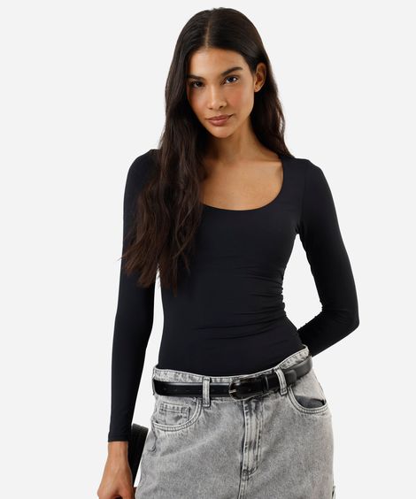 blusa feminina de poliamida decote redondo manga longa preta