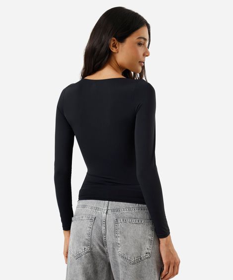blusa feminina de poliamida decote redondo manga longa preta