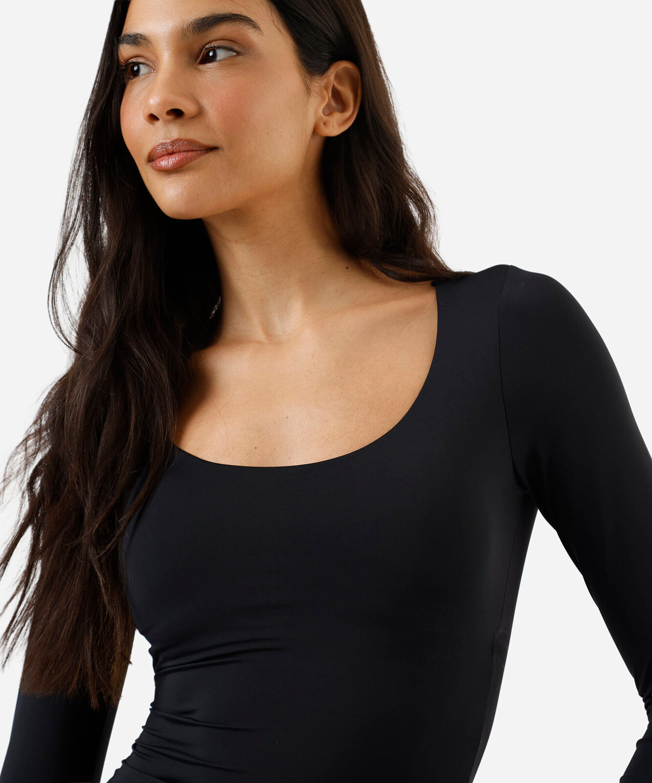 blusa feminina de poliamida decote redondo manga longa preta