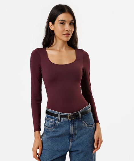 blusa feminina de poliamida decote redondo manga longa vinho